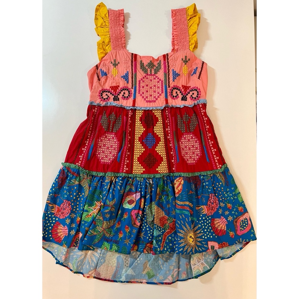 FARM RIO Cross-Stitch Embroidered Tiered Cotton Minidress
